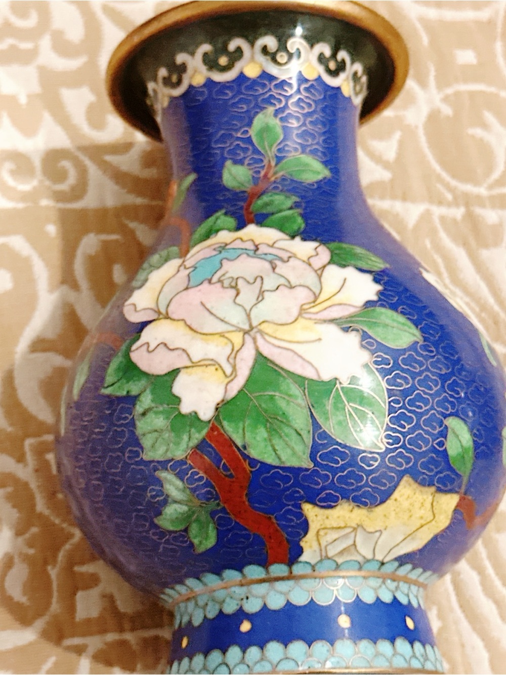 Vintage Blue Cloisonné Floral Vase with White and Green Accents